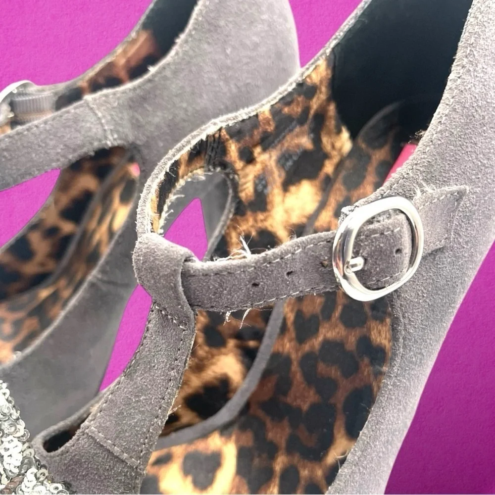 Betsey Johnson Gray Poppie Mary Jane Heels with Silver Sequin Bow